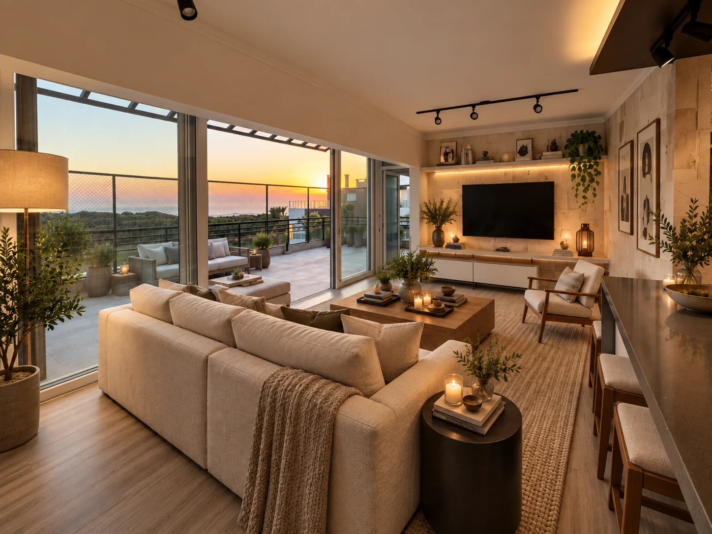 Sala de estar mobiliada, aberta pro terraço com vista pro mar