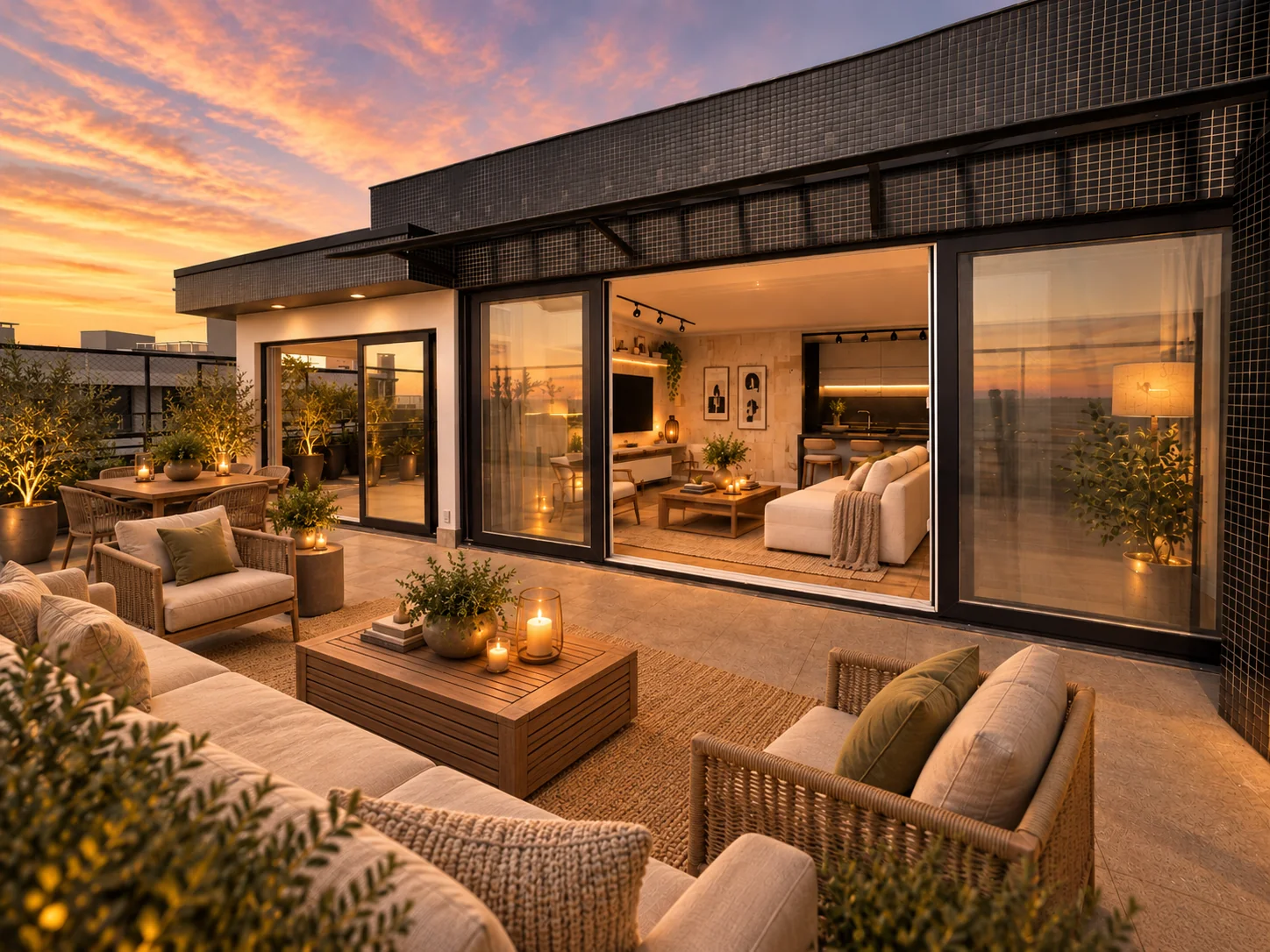 Terraço mobiliado ao entardecer, com sala integrada ao fundo